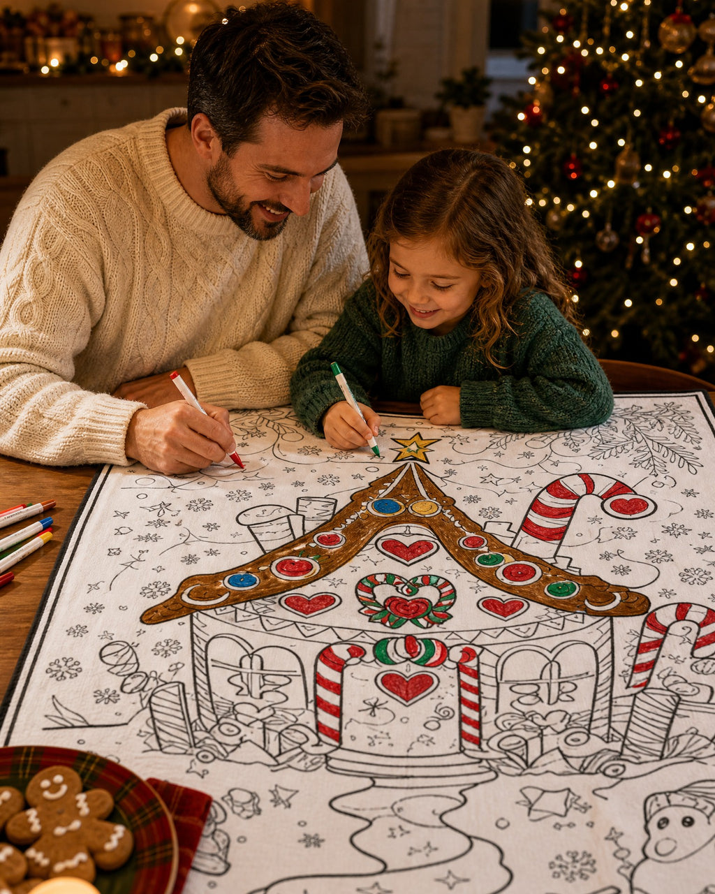 Une maman et sa fille colorient ensemble le plaid de Noël motif Maison en pain d'épice, au pied du sapin