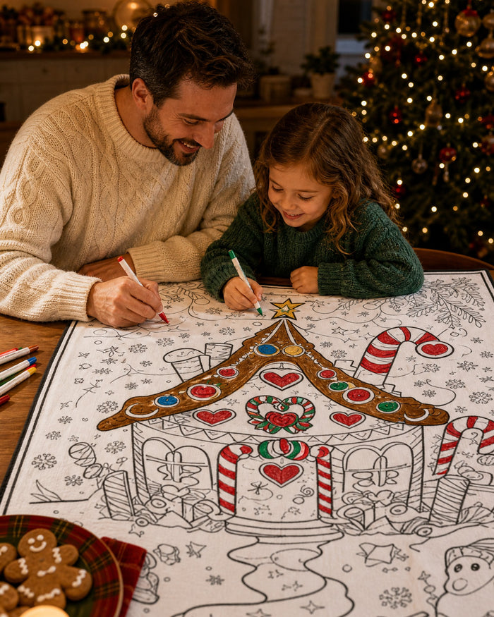 Une maman et sa fille colorient ensemble le plaid de Noël motif Maison en pain d'épice, au pied du sapin