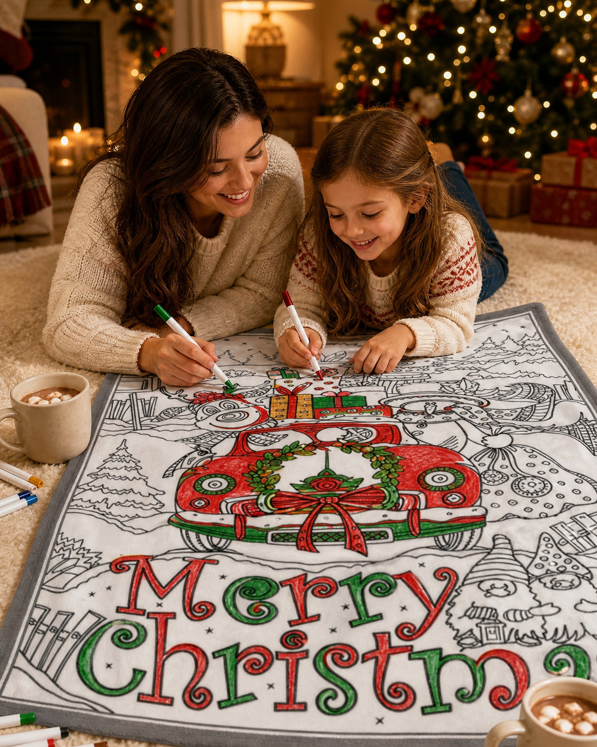Une maman et sa fille colorient le plaid de Noël motif Voiture de Noël sur le tapis du salon